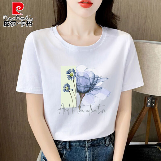 Pier Cardin High-End Combed Pure Cotton High-End White T-Shirt für Frauen kurzärmelige, lose modische Temperament Sommerkleidung 2025 Neue Top 6196 Weiß kurzärmelig M (Empfohlen 80-105jin [Jin gleich 0,5 kg]))