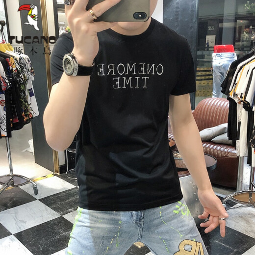 啄木鸟（TUCANO）t恤男士2025夏季新款短袖T恤男修身个性刺绣烫钻欧货丝光棉体恤男 724闪电R白色 5XL