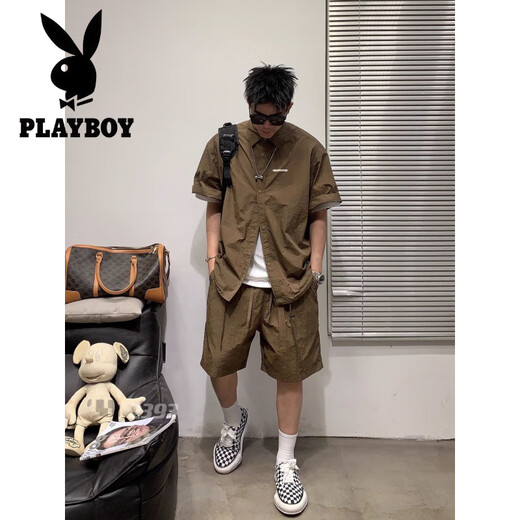 花花公子（PLAYBOY）潮流休闲运动套装男夏季凉感宽松简约翻领衬衫短袖短裤薄款两件套 9015衬衫黑色+6622短裤黑色 2XL 150-170斤