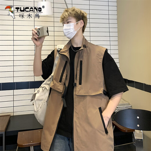 啄木鸟（TUCANO）夏季新款潮牌机车工装马甲男生日系复古宽松百搭拉链无袖坎肩外套 黑色 XL