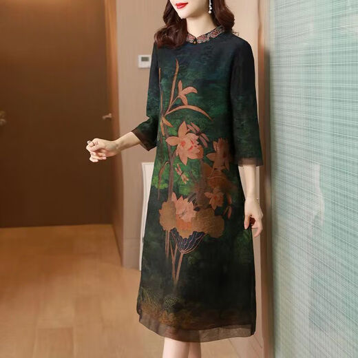 RGPX夏季仿真丝连衣裙中老年人夏装女妈妈装50-60岁洋气宽松遮肚裙子 绿色9763 3XL135-145斤 均码