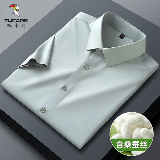Woodpecker Mente à manches courtes avec une soie de mûrie, une chemise décontractée de style Summer, une chemise sans mousse à demi-mandellette anti-rides, gris-vert, gris-vert M 3890-115Jin [Jin est égal à 0,5 kg] usure