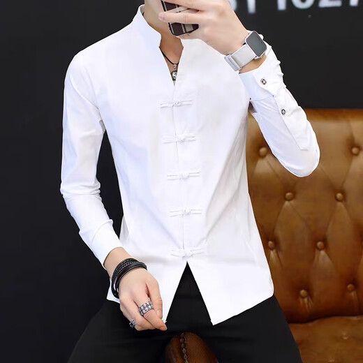 
Easy long-sleeved shirt men's stand-up collar white spring and autumn Chinese style shirt trendy brand button casual Tang suit top 9905 white XL