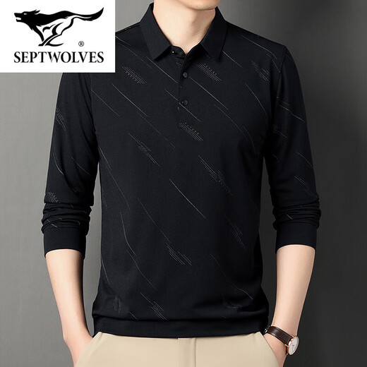 Camiseta de hombre de seda de verano de siete lobos Summer Summer Manga larga nueva camiseta de papá de los hombres de mediana edad 829 Black XL 52/175