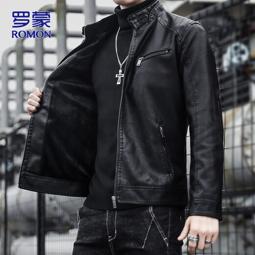 ROMON Leather Jacket Men's Jacket Spring Stand Collar Business Locomotive Top Men's Clothes Black XL