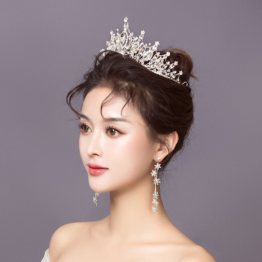 YIBIY新娘结婚头饰皇冠项链耳环三件套新款礼服头纱配饰大气王冠发饰女 银色皇冠【简装】