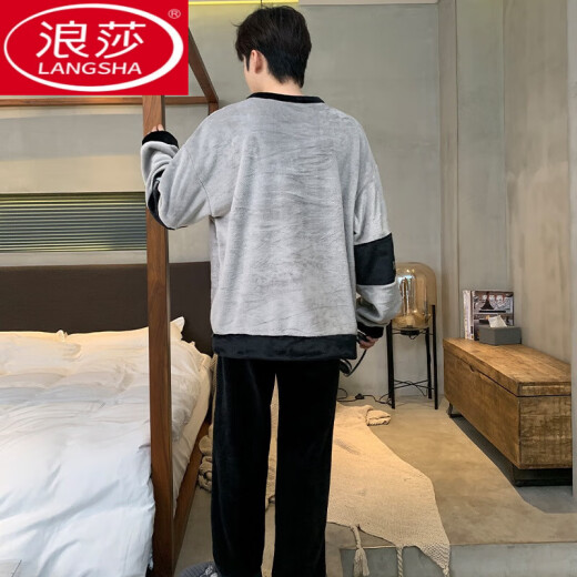 浪莎（LangSha）保暖珊瑚绒冬款睡衣男秋冬季加厚加绒青少年男士法兰绒家居服套装 3892 字母口袋 男款 3XL