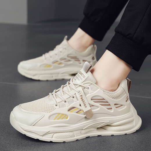 Changxiang Huili Men's Shoes in Summer New Mesh Breathable Casual Shoes Soft Sole Running No Slip Tendencia deportiva elevada zapatos de papá Men F683 Beige 41