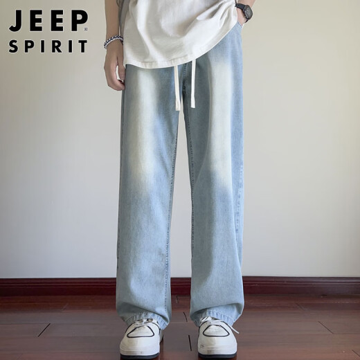 JEEP SPIRIT吉普冰丝牛仔裤男夏季薄款直筒阔腿长裤青少年男士裤子 浅蓝  XL 
