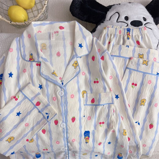 
S.SOFEA women's spring and autumn cute cartoon plaid cloud cotton pajamas home clothes set can be worn outside 826# pink plaid dog 170 M