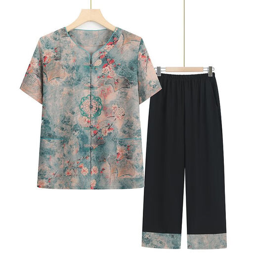 Camisa de verano Blue Flag Grandma Set de dos piezas de dos piezas de moda y de moda Mam y de manga corta Pantalones de ropa de mediana edad y ancianos LQ6626 Red Set XL Recomendado 80-100Jin [Jin equivale a 0.5 kg]