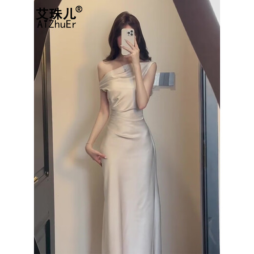 Aizhuer Temperamento francés Flote de alta gama Dress Dress-Hoister Pack Hip Acetate Satin Vestido de banquete de mujer Beige S BEIGE