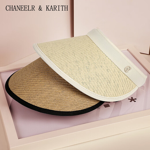 CHANEELR & KARITH防晒帽女夏黑胶草帽空顶遮阳大帽檐太阳帽生日小众礼物送女友老婆 黑卡其 54-59CM（头围）