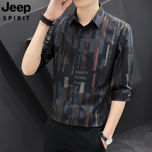 JEEP SPIRIT吉普七分袖衬衫男短袖休闲修身夏季薄款半袖条纹衬衣帅气中袖 679白色 M