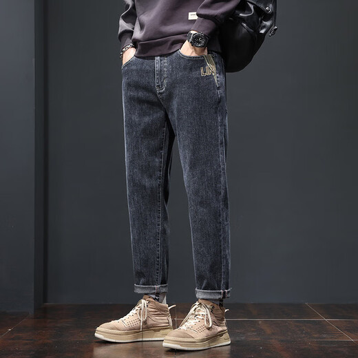 Jeans for men 2025 spring and autumn new style trendy embroidered loose straight cotton stretch casual versatile men's pants black gray regular 31 recommended 120-130 Jin Jin equals 0.5 kg