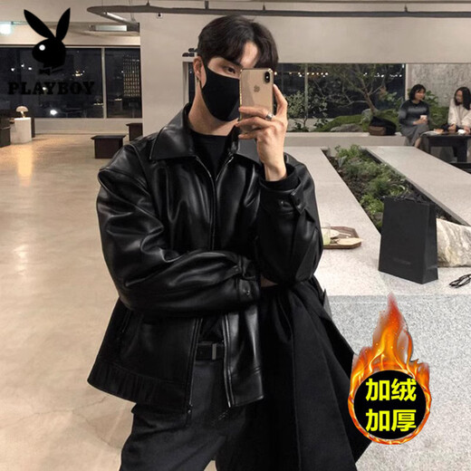 Playboy (PLAYBOY) motorcycle leather jacket men's spring and autumn Korean version loose and trendy handsome black retro American fashion brand leather jacket for men P12 black size too large L 120-140Jin Jin equals 0.5 kg to wear