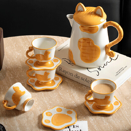 Dining General Ceramic Water Set Gift Box Living Room Flower Teapot Mug Coffee Cup Saucer Water Cup Housewarming New Wedding Souvenir Creative Cat Water Set One Pot Four Cups and Saucers