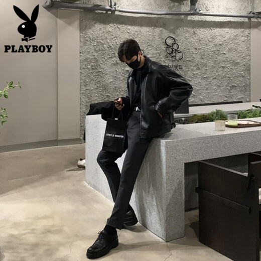 Playboy (PLAYBOY) motorcycle leather jacket men's spring and autumn Korean version loose and trendy handsome black retro American fashion brand leather jacket for men P12 black size too large L 120-140Jin Jin equals 0.5 kg to wear