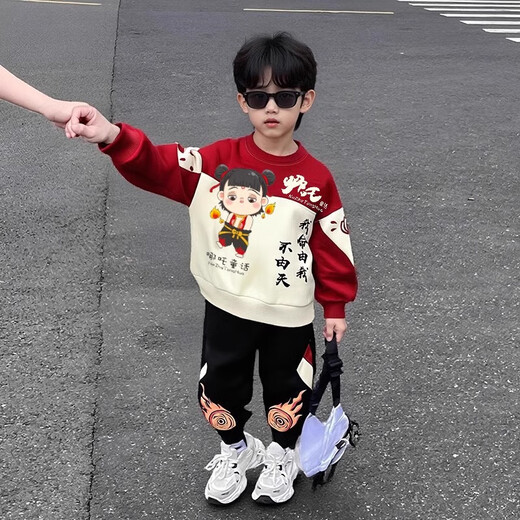 Шол-маскировки Cool Sheep Boy Nezha Set Spesing и осень-стиль 2025 Новый детский модный осенний модный мальчик спортивная одежда с двумя частями Red Lights 100
