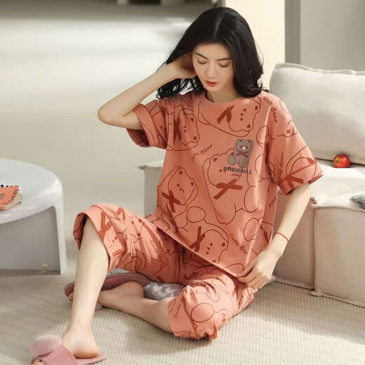 雅鹿睡衣女2025夏季新款短袖宽松型睡衣短裤韩版七分裤休闲家居服套装 N6A9885(套装短裤) M码(85105斤) 均码