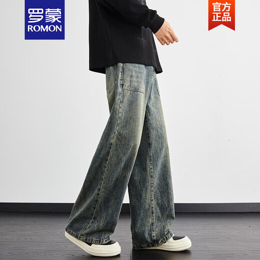 罗蒙（ROMON）闪电纹水洗牛仔裤男夏季新款复古宽松直筒阔腿裤高街美式裤子 1049黑渐变 S
