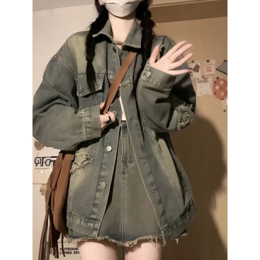 Hualin Fashion Retro American Denim Jacke für Frauen neue Stil Design Sinnes Jacke Top 12401 Denim Jacke S Empfohlen 80-95 Jin [Jin gleich 0,5 kg]