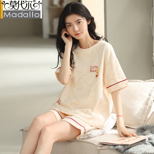 莫代尔纯棉条纹睡衣女夏季新款短袖薄款圆领可外穿青年大码家居服两件套 YZT9853 M 女款 建议80-100斤