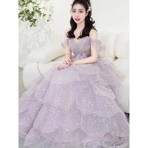 Purple engagement evening dress high-end light luxury niche student day adult ceremony princess dress one-shoulder toast dress bride purple XS