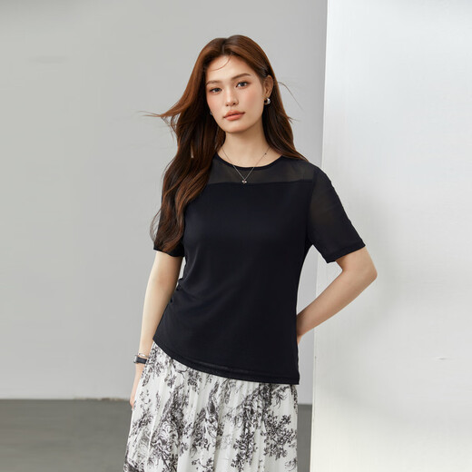 Show de fibra [Camiseta de lysel versátil de cuello redondo plisado con sensibilidad de diseño] Gran tamaño Fat MM2025 Summer Nuevo estilo 1396 Negro 6xl