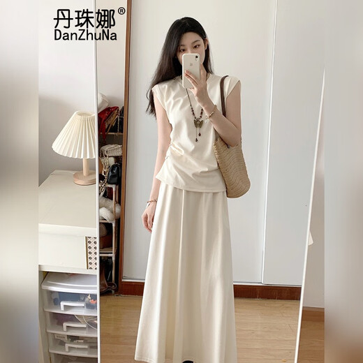 丹珠娜（DanZhuNa）小香风连衣裙子夏天女装2025新款夏季法式梨形身材伞裙长裙套装女 3532米色+杏色裙子 S