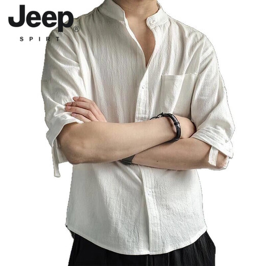 JEEP SPIRIT潮牌2025夏季亚麻七分短袖衬衫男棉麻宽松中国风衬衣休闲长袖T恤 黑色【5009】 M