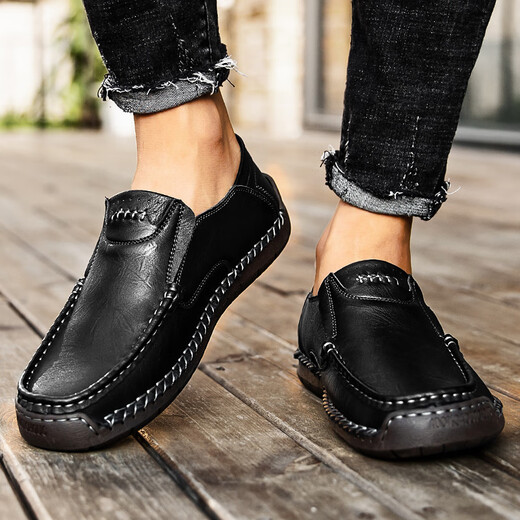 
GY Jinlilai men's casual leather shoes autumn leather one-foot lazy business casual soft leather soft sole bean shoes black [9916 four-season model] 38