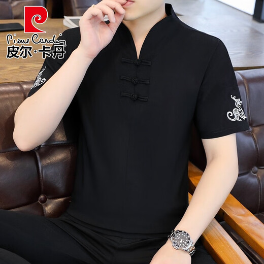 皮尔卡丹父亲节礼物冰丝t恤男士短袖2025新款男装中国风V领半袖夏季薄款中 e9871白色 (冰丝滑料) M