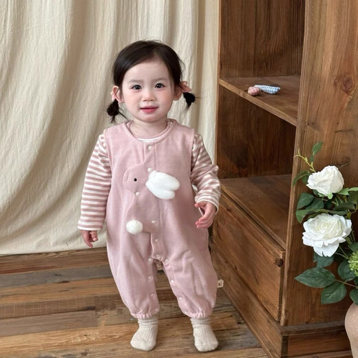 Disney (Disney) Baby Girl Cute Set 2025 Spring Baby Clothes Cute Bunny Overalls Striped T-shirt Two-piece Set Pink Striped Ten Rabbit Straps One-piece Two-piece Set 73cm 73