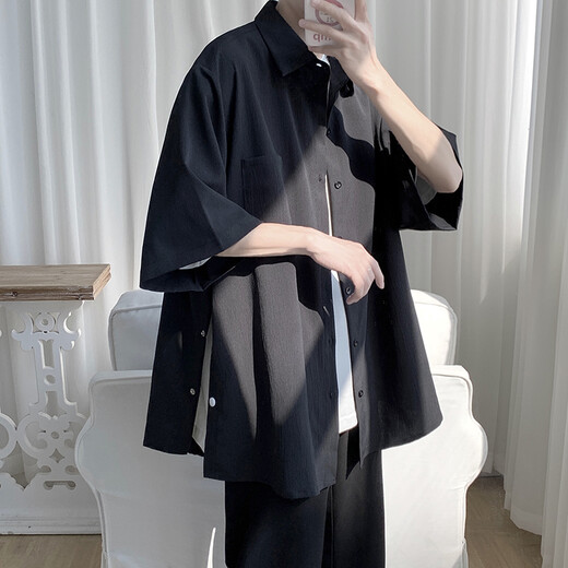 NEW OR MODE短袖衬衫男夏季冰丝衬衣潮流排扣休闲外套宽松潮牌五分半袖上衣服 C17-黑色 2XL