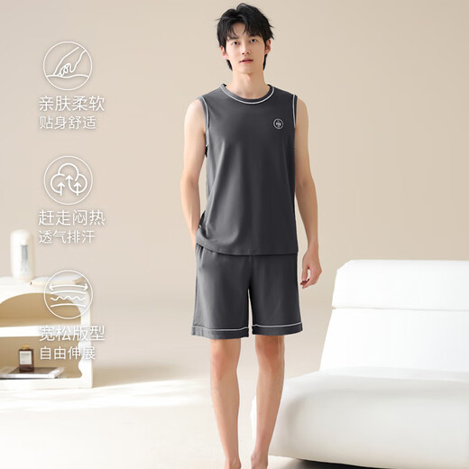 Langsha pajamas men's summer pure cotton round neck can be worn on the outside vest shorts for youth thin large-size cotton home clothing set OMM13657 2XL [Suggested weight 140-160Jin [Jin equals 0.5 kg]]