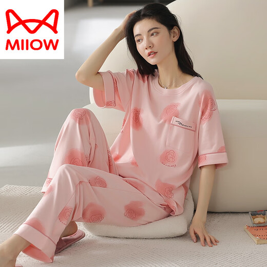 猫人（MiiOW）织睡衣女夏季纯棉短袖长裤薄款全棉夏天女士家居服套装春秋季 YZT9716 短袖长裤 M 80-100斤