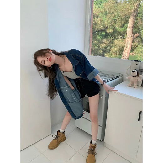 南糖三色港风牛仔短袖衬衫外套女2025夏季新款深蓝色设计感宽松中长款上衣 蓝色#9435 S