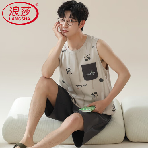浪莎（LangSha）浪漫春天睡衣男款夏季冰丝背心莫代尔薄款无袖男士大码家居服套装 A12027 2XL 男：