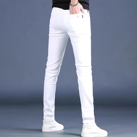Ke Jiehao 2025 spring new high-end white men's jeans slim fit elastic casual pants men's trend MK1381 white 29