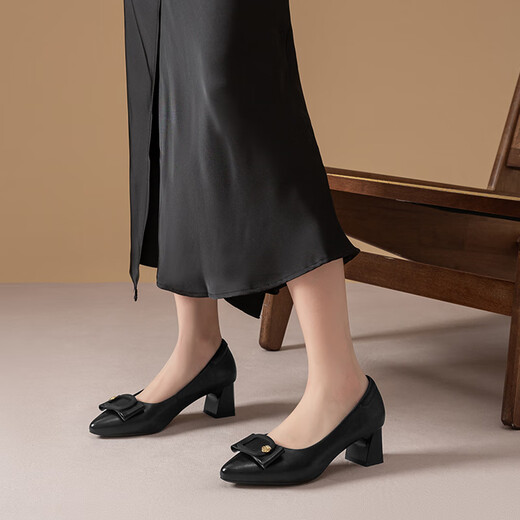 
Red Dragonfly Leap Moon Shoes High Heels 25 Spring Thick Heels Women's Shoes Pointed toe Workplace Small Leather Shoes Single Shoes WLB15124 Black 38