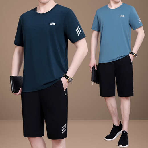 皮尔卡丹（pierre cardin）中老年运动套装男士夏季2025新款爸爸冰丝短袖t恤父亲圆领休闲服 723水蓝【短袖+短裤】 L 【建议100-120斤左右】