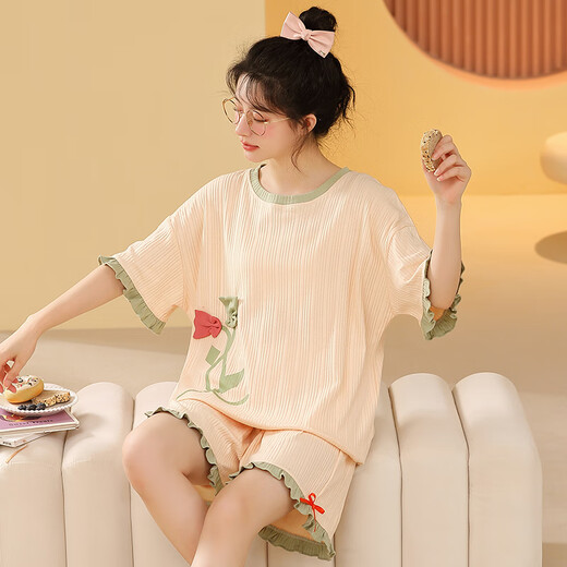子木雅居睡衣女士夏季纯棉韩版可爱大码短袖两件套装可外穿夏天春秋家居服 米白色GXT6636图色 L 建议95-115斤