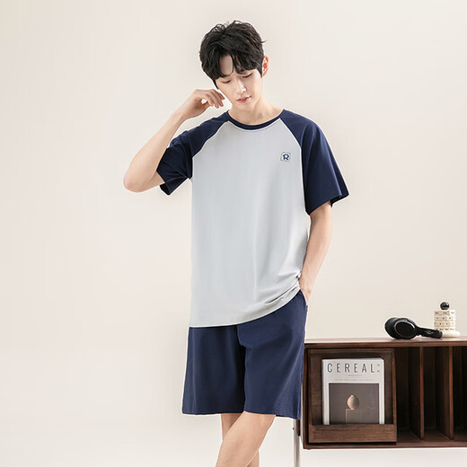 
New step (XINYIBU) 100% cotton men's pajamas short-sleeved shorts thin simple printed middle-aged daddy's home clothing set S5155 blue 3XL