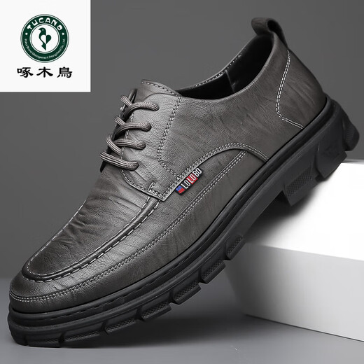 Woodpecker casual leather shoes for men genuine leather spring and summer breathable British business formal wear non-slip work soft sole black big toe trendy shoes black 40