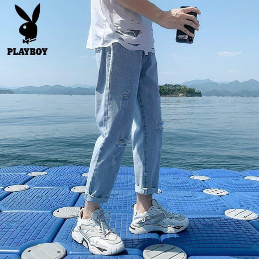 花花公子（PLAYBOY）裤子男学生韩版潮流破洞牛仔裤男宽松直筒夏季薄款九分裤秋季男裤 679/破洞款c M 【收藏优先发货】