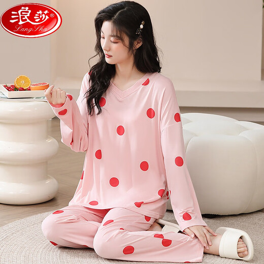 浪莎（LangSha）莫代尔睡衣女秋款长袖春秋季薄套装家居服大码宽松2025新款两件套 XJY-3883 L (100-120斤内)