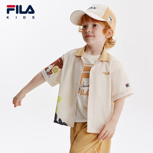 Fila Fila Children's Clothing Children's Casual Comfortable Tops 2024 Autumn Boys' Woven Short-Sleeved Shirt Trendy Maltose White-IV 120 cm
