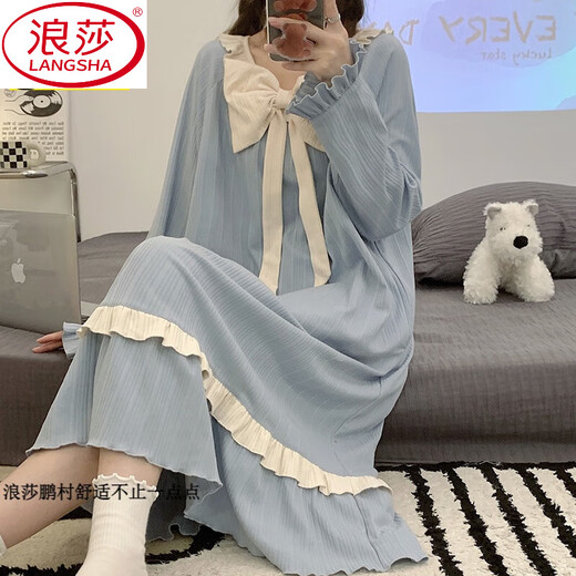 
LangSha (LangSha) bow sweet nightgown for women in spring, autumn, winter and summer long-sleeved thin cotton 2025 new large-size pajamas for women home clothes 16863 green eyes [without chest pad] M 160
