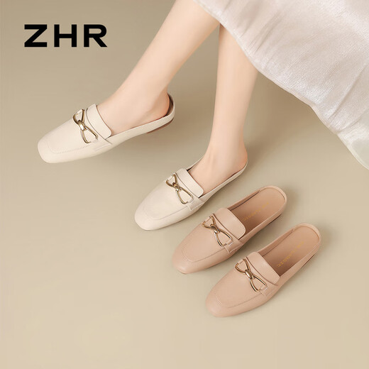 Zhr Baotou Pantoffeln für Frauen im Sommerpendler halbe Drag Frauen tragen französische Sandalen Outdoor One-Play-Frauenschuhe AH681 Beige 38
